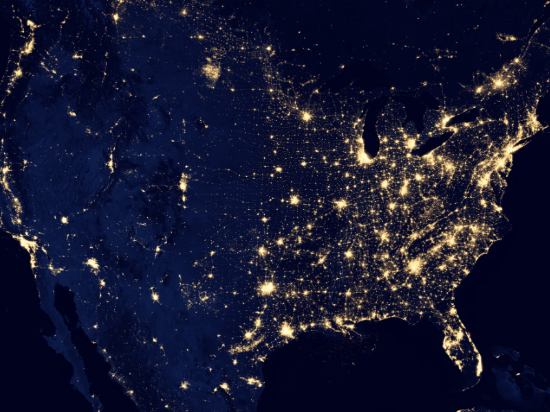 United States power grid from space at night.